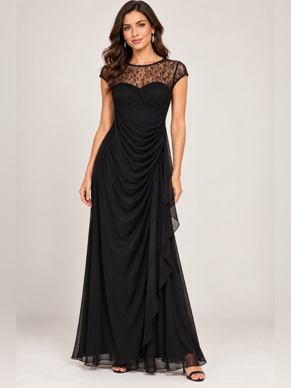 Atelier Danielle Black Lace Chiffon Formal Maxi Dress Size 10 Evening Gown